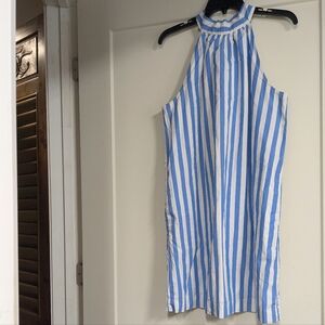 High-neck blue and white striped dress